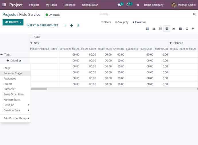 Odoo Project management - Pivot table analysis